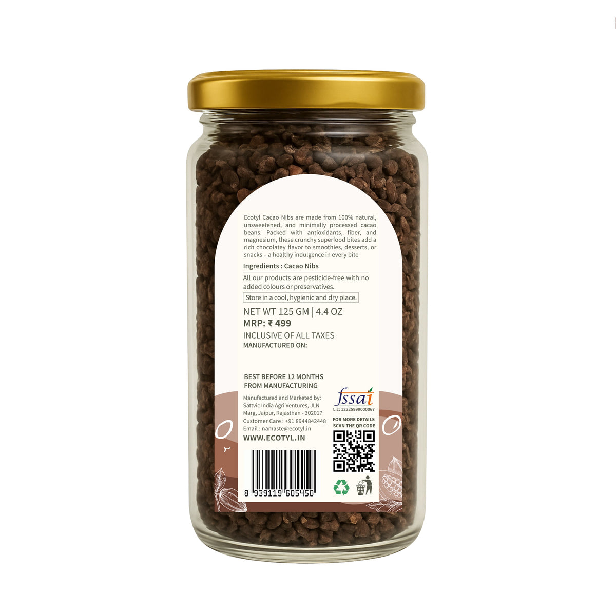 Ecotyl Cacao Nibs | Crunchy & Nutritious | High in Magnesium | 125g