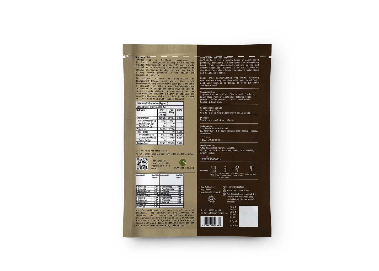 POD NUTRITION Pea Protein Isolate Powder | Vegan Plant Protein, No Added Sugar, Dairy Free| Clean & Easy to Digest with Essential Amino Acids (Cafe Mocha Sachet Pack of 28)