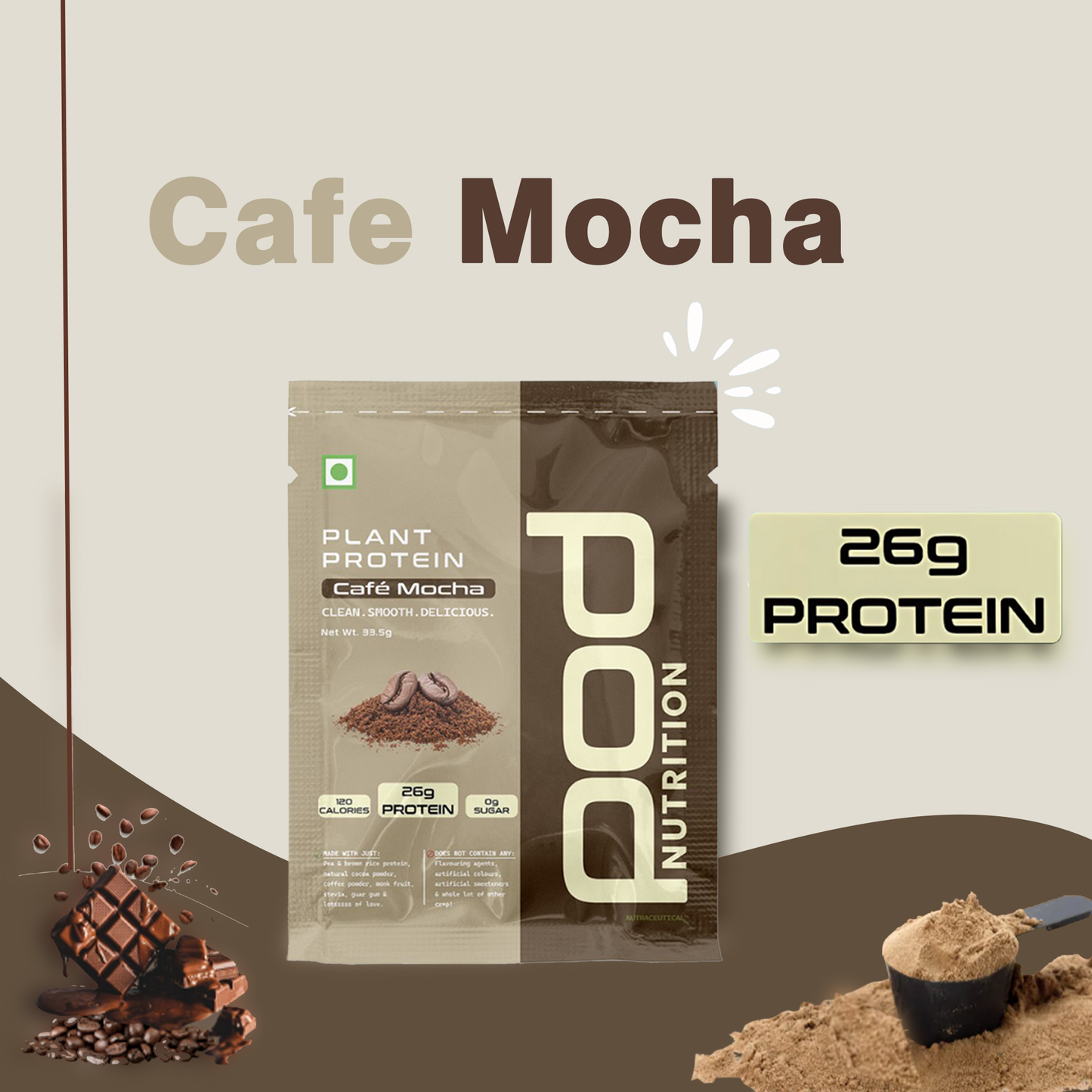 POD NUTRITION Pea Protein Isolate Powder | Vegan Plant Protein, No Added Sugar, Dairy Free| Clean & Easy to Digest with Essential Amino Acids (Cafe Mocha Sachet Pack of 28)
