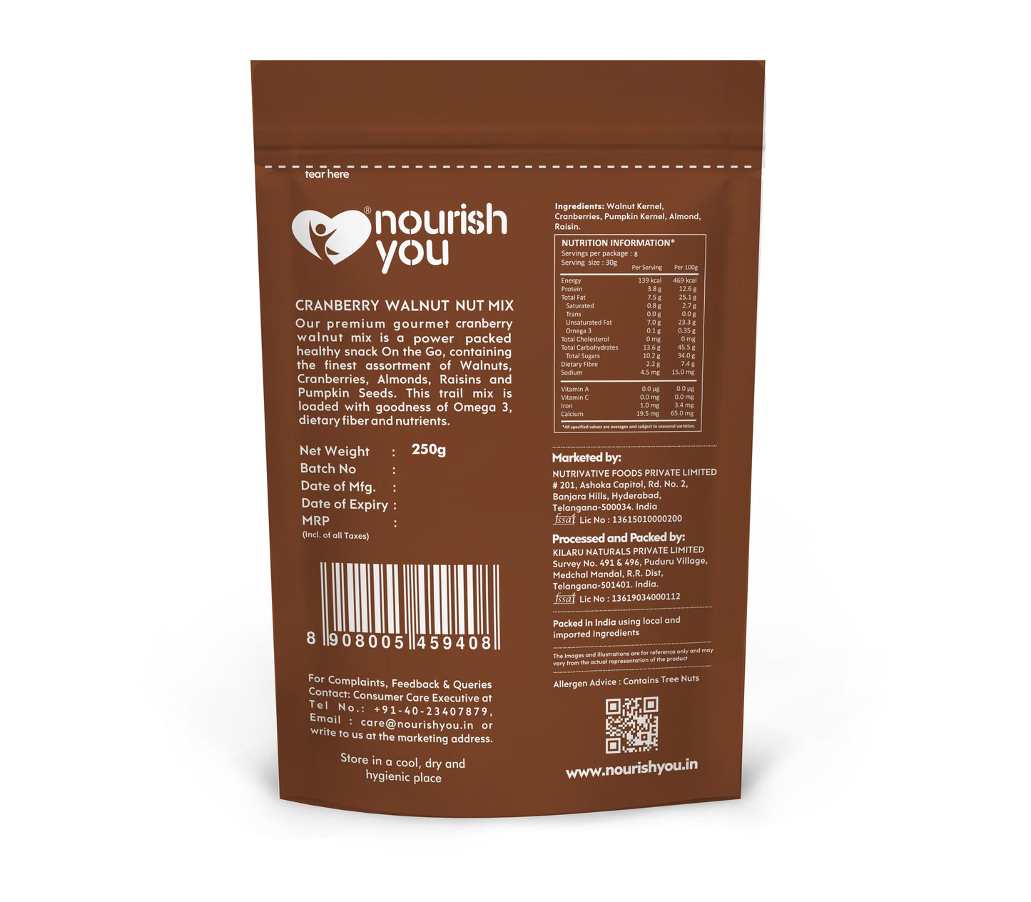 NOURISH YOU CRANBERRY WALNUT MIX 250Gms- Almonds , Walnuts , Raisins & Pumpkin.