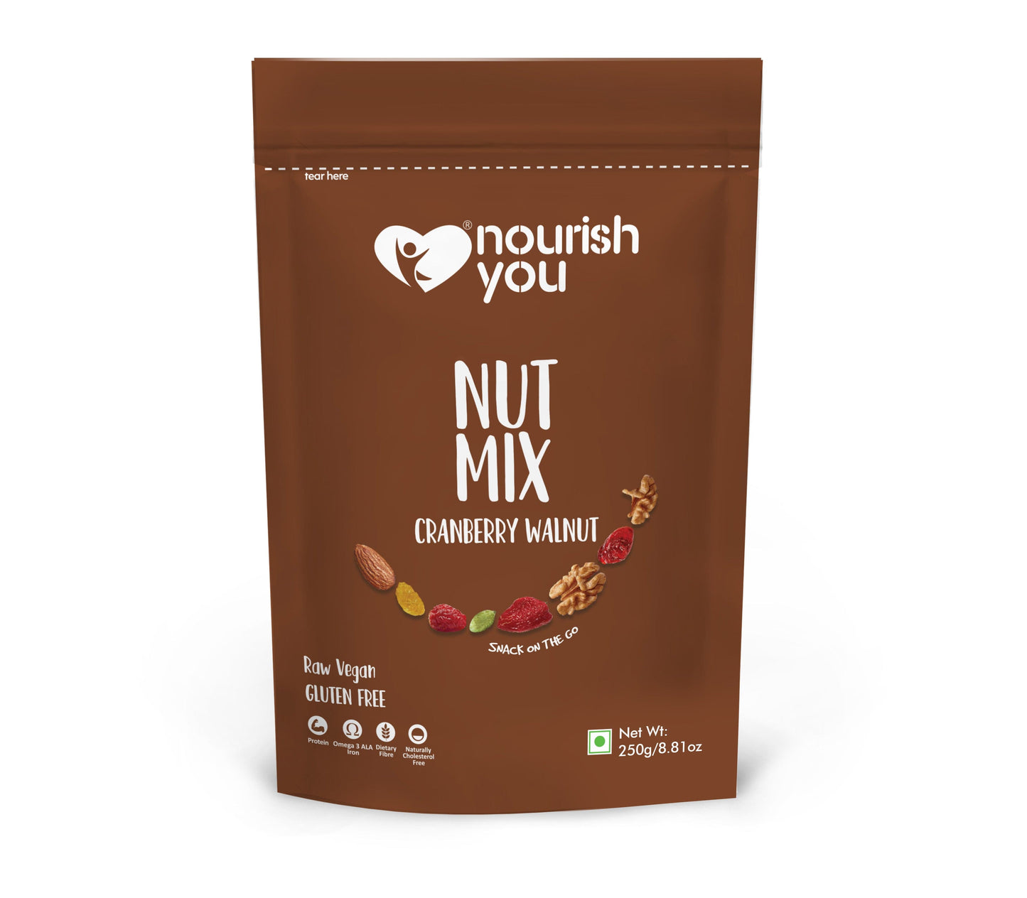 NOURISH YOU CRANBERRY WALNUT MIX 250Gms- Almonds , Walnuts , Raisins & Pumpkin.