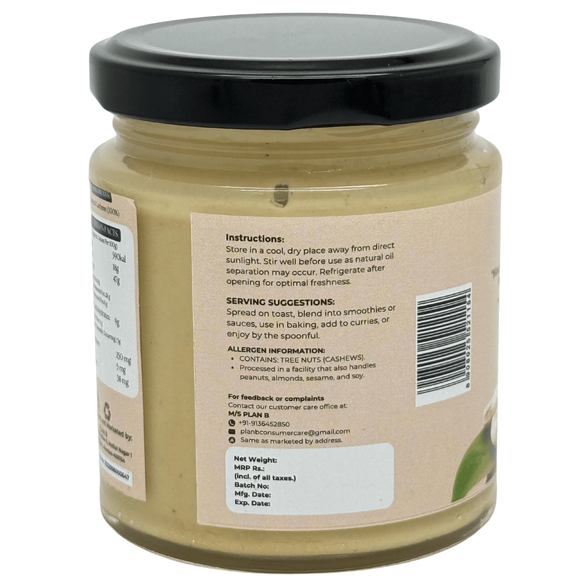 Plan B Premium Cashew Butter | Creamy, No Added Sugar | High Protein Nut Butter | 100% Natural & Gluten-Free | Healthy Spread for Bread, Smoothies & Snacks | 200g Jar