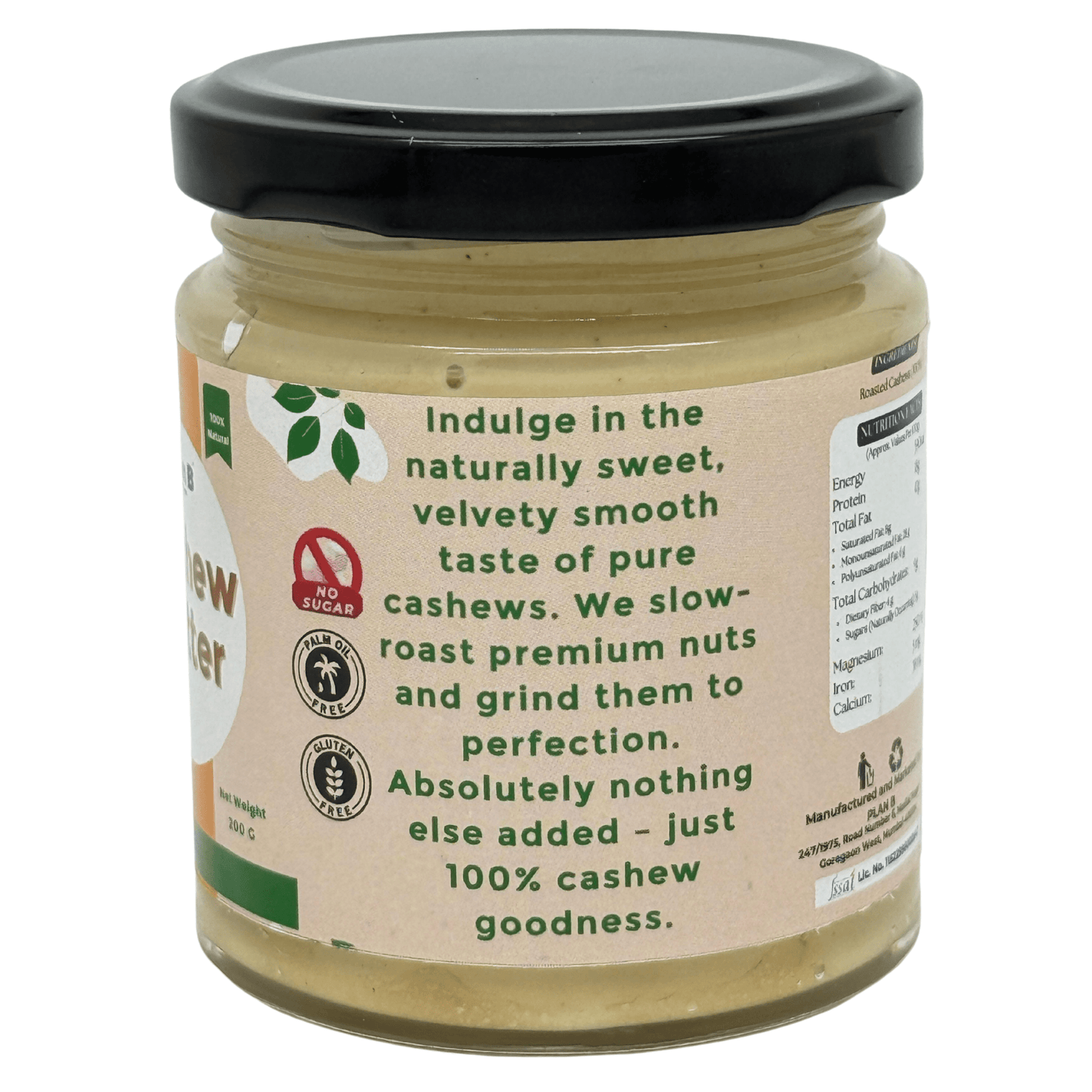 Plan B Premium Cashew Butter | Creamy, Vegan, No Added Sugar | High Protein Nut Butter | 100% Natural & Gluten-Free | Healthy Spread for Bread, Smoothies & Snacks | 200g Jar