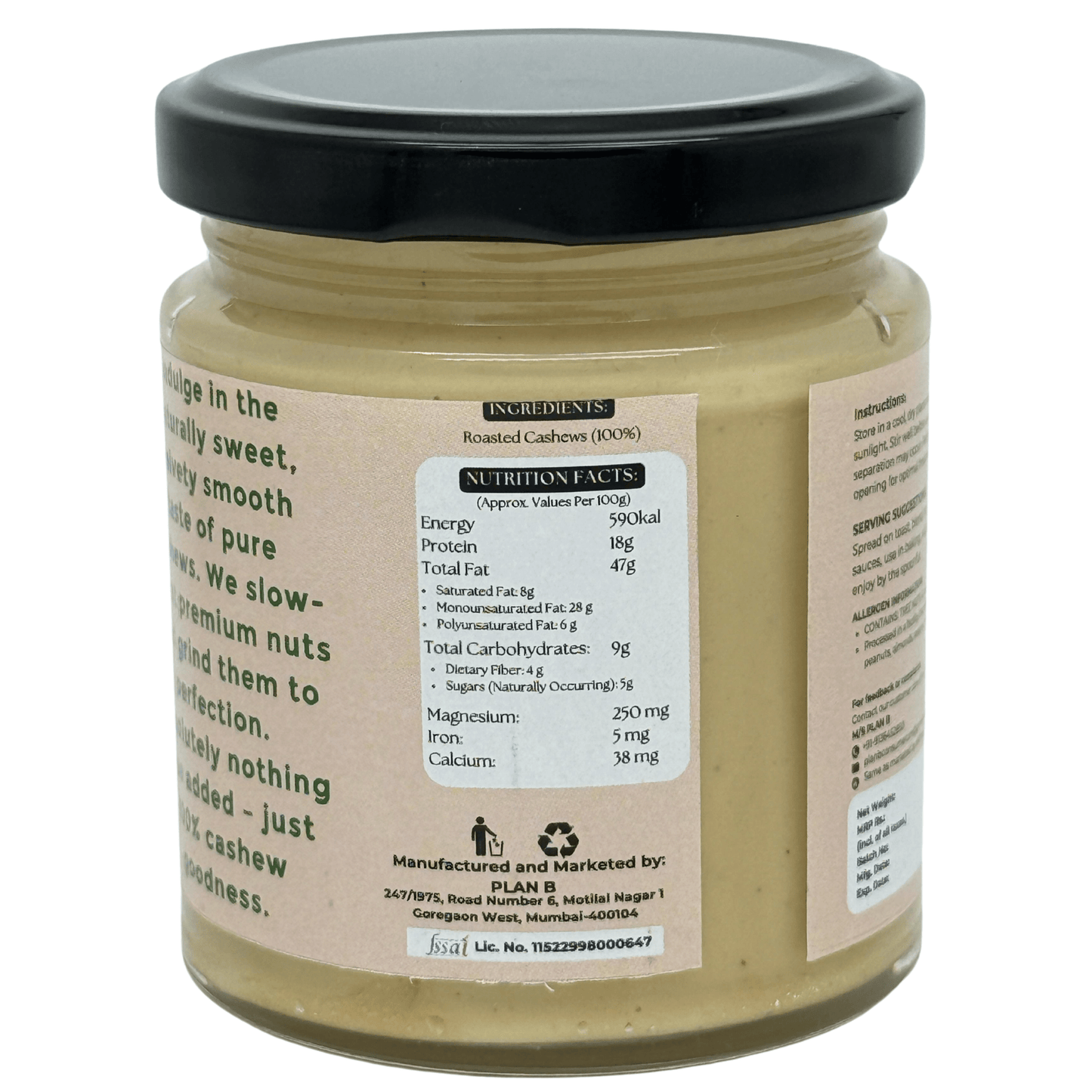 Plan B Premium Cashew Butter | Creamy, Vegan, No Added Sugar | High Protein Nut Butter | 100% Natural & Gluten-Free | Healthy Spread for Bread, Smoothies & Snacks | 200g Jar