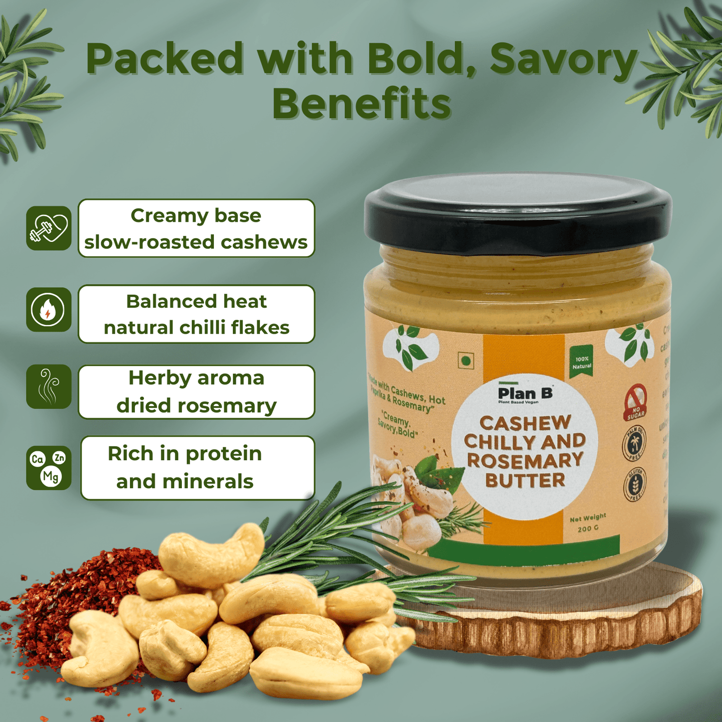 Plan B Cashew Butter with Chilly & Rosemary | Spicy & Herby Vegan Nut Butter | 100% Natural, No Added Sugar, High Protein | Gluten-Free, Dairy-Free Healthy Spread | 200g Jar
