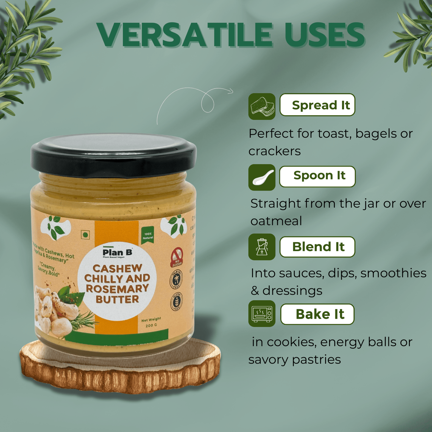 Plan B Cashew Butter with Chilly & Rosemary | Spicy & Herby Vegan Nut Butter | 100% Natural, No Added Sugar, High Protein | Gluten-Free, Dairy-Free Healthy Spread | 200g Jar
