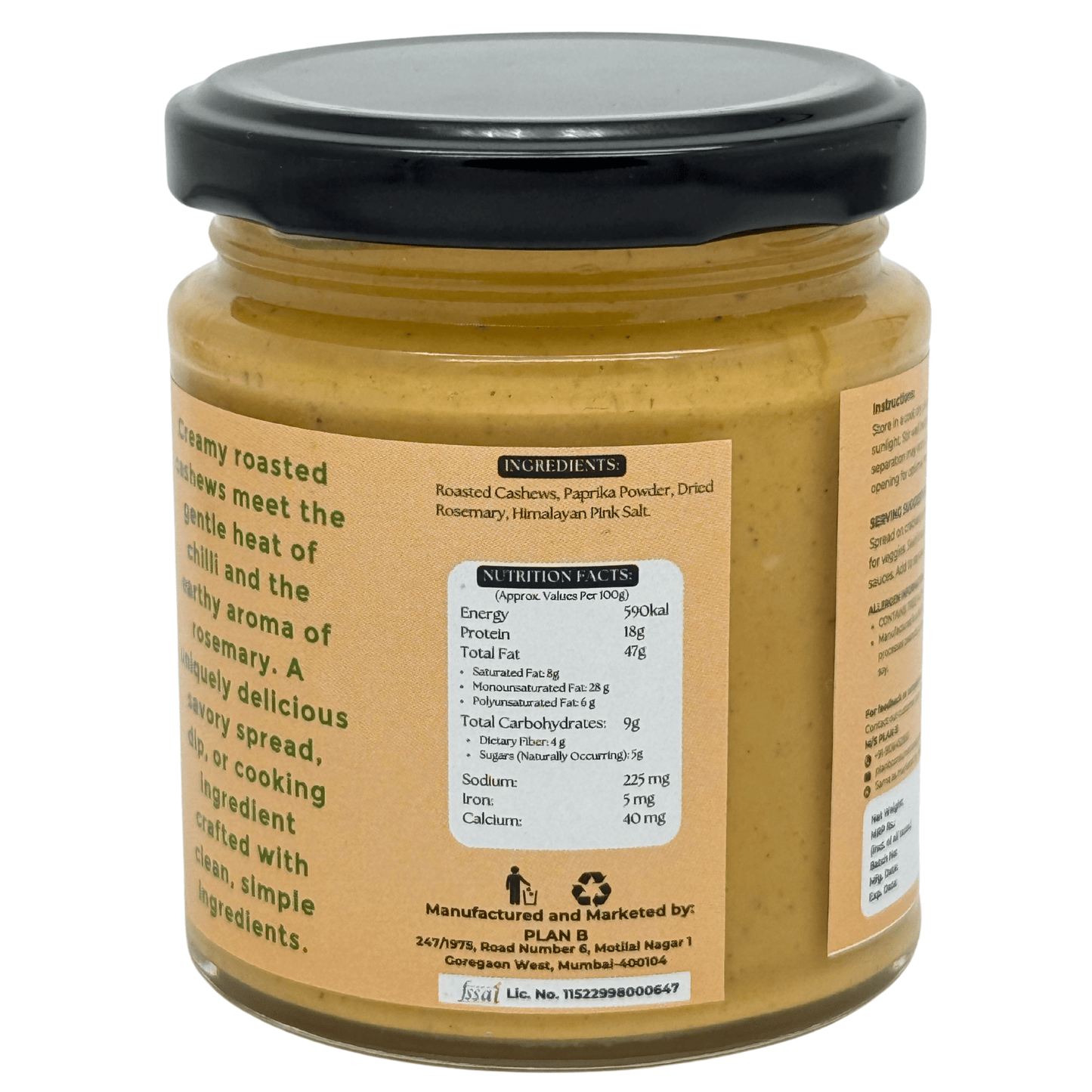 Plan B Cashew Butter with Chilly & Rosemary | Spicy & Herby Vegan Nut Butter | 100% Natural, No Added Sugar, High Protein | Gluten-Free, Dairy-Free Healthy Spread | 200g Jar