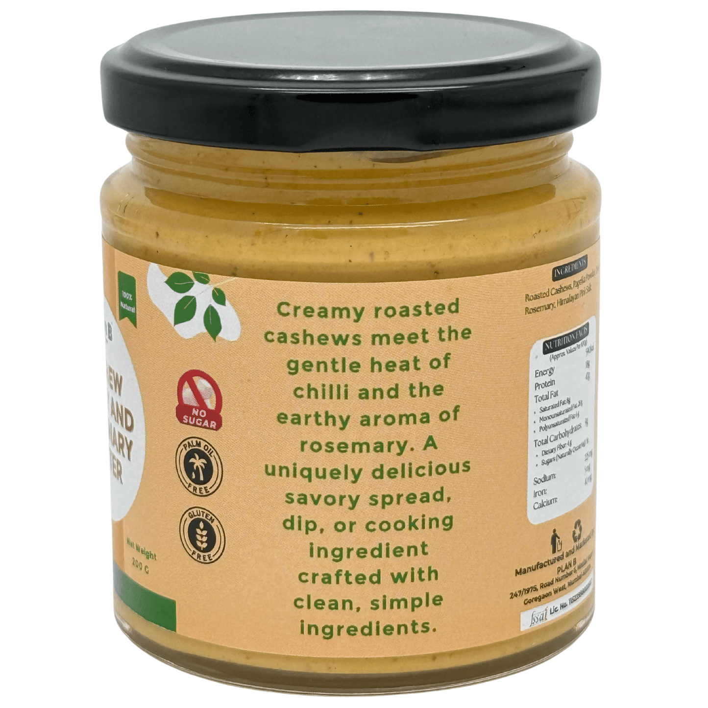 Plan B Cashew Butter with Chilly & Rosemary | Spicy & Herby Vegan Nut Butter | 100% Natural, No Added Sugar, High Protein | Gluten-Free, Dairy-Free Healthy Spread | 200g Jar