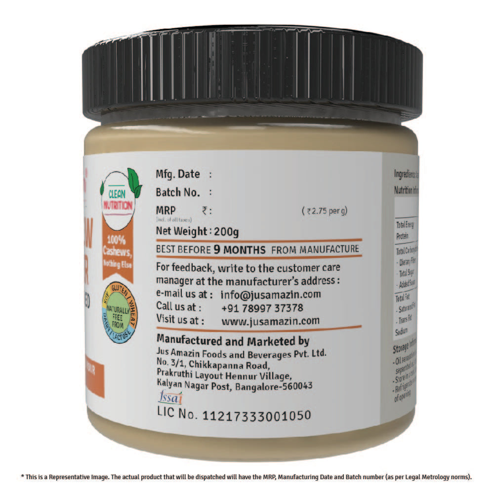 Jus Amazin Creamy Cashew Butter - Unsweetened 200g