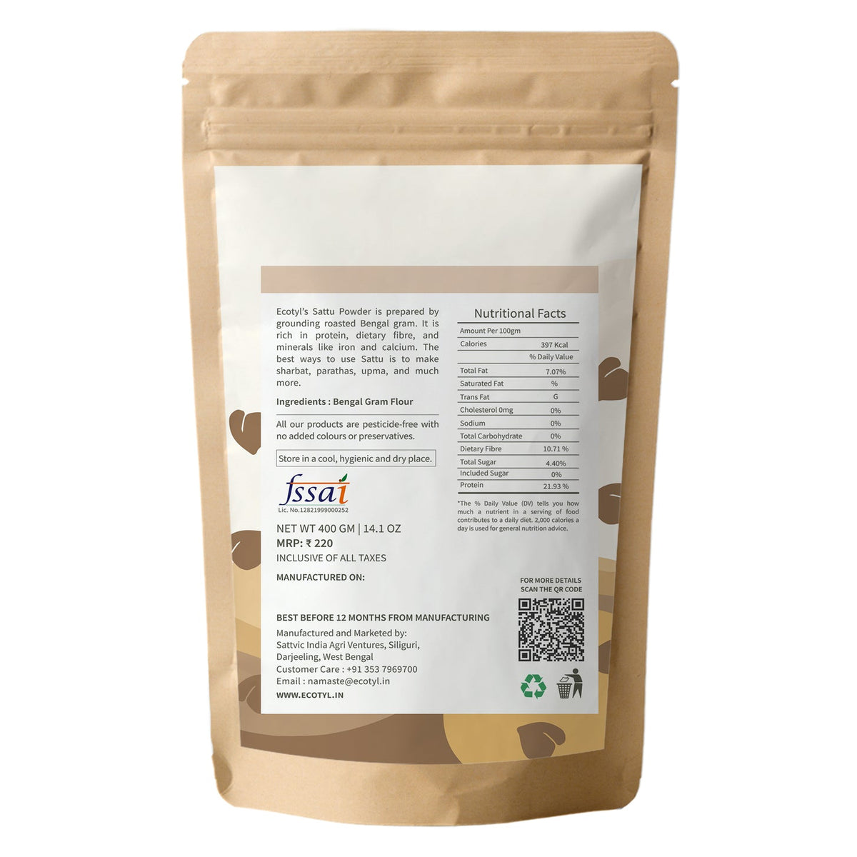 Ecotyl Sattu Atta | Roasted Gram Flour | Plant Based Protein | 400g