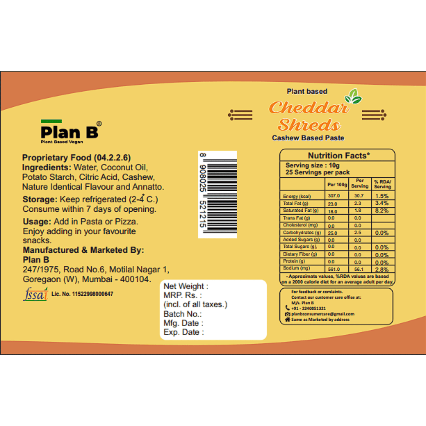 Plan B Vegan Cheddar Shreds 200g | Plant-Based, Dairy-Free, Lactose-Free, Gluten-Free | Melts Easily | Ideal for Pizza, Pasta & Sandwiches