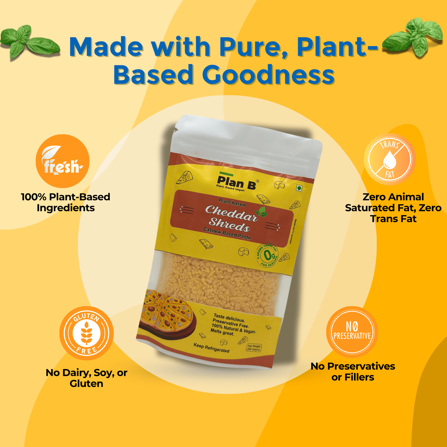 Plan B Vegan Cheddar Shreds 200g | Plant-Based, Dairy-Free, Lactose-Free, Gluten-Free | Melts Easily | Ideal for Pizza, Pasta & Sandwiches