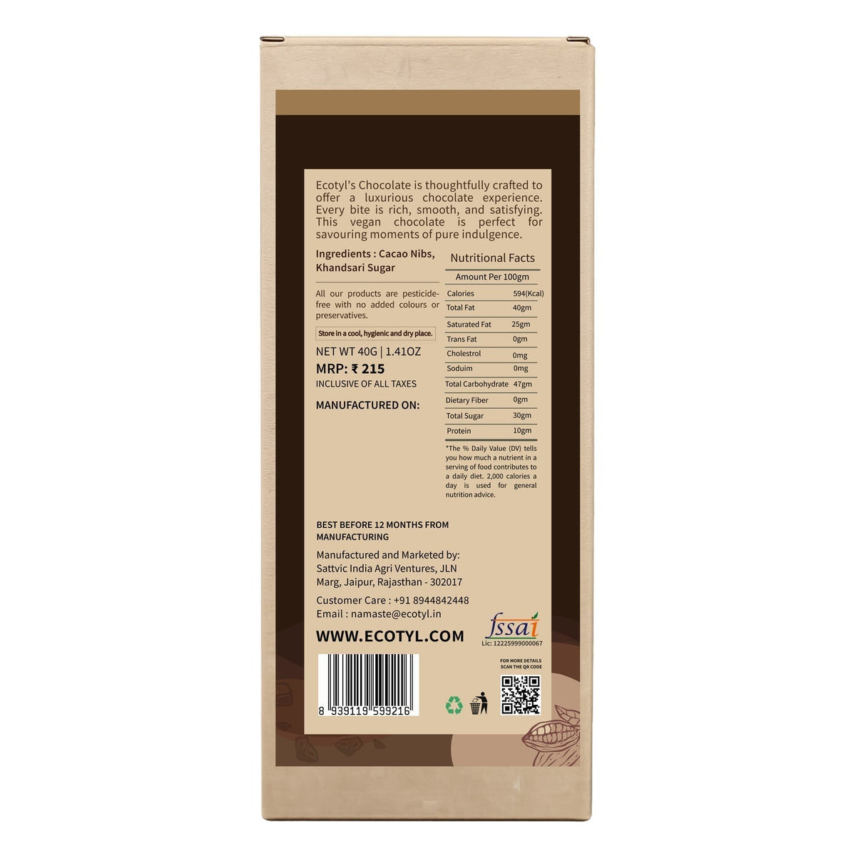 Ecotyl 70% Dark Chocolate | Rich Cocoa | Premium Indulgence | 40g