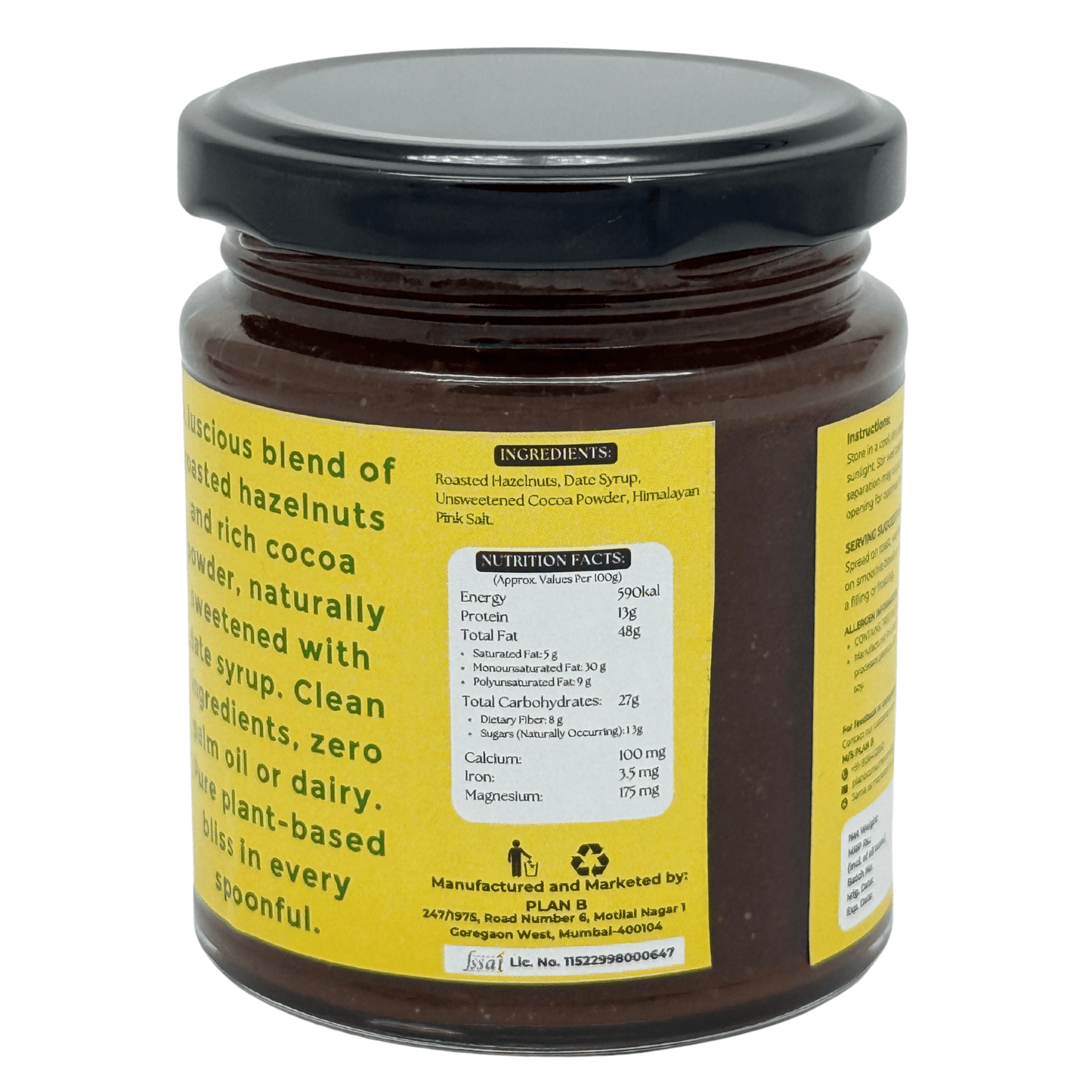 Plan B Chocolate Hazelnut Spread | Vegan Chocolate Spread with Roasted Hazelnuts & Cocoa | No Added Sugar, Dairy-Free, Gluten-Free | Healthy Chocolate Treat | High Protein Plant-Based Spread | 200g Jar