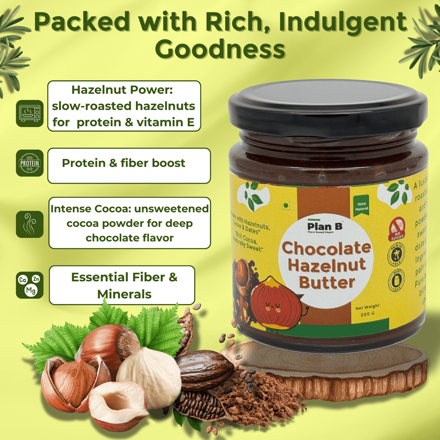 Plan B Chocolate Hazelnut Spread | Vegan Chocolate Spread with Roasted Hazelnuts & Cocoa | No Added Sugar, Dairy-Free, Gluten-Free | Healthy Chocolate Treat | High Protein Plant-Based Spread | 200g Jar