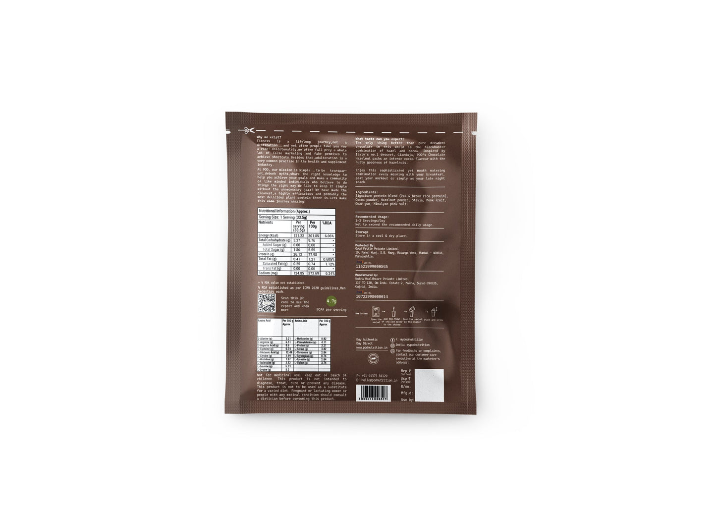 POD NUTRITION Pea Protein Isolate Powder | Vegan Plant Protein, No Added Sugar, Dairy Free| Clean & Easy to Digest with Essential Amino Acids (Chocolate Hazelnut Sachet Pack of 28)