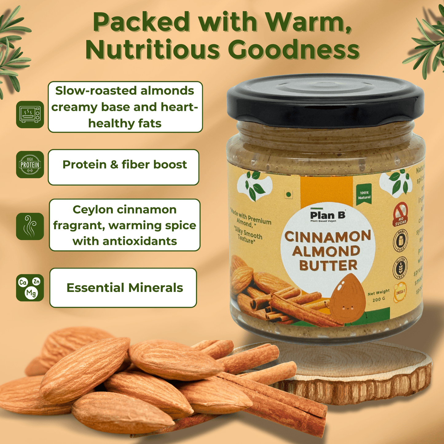 Plan B Cinnamon Almond Butter | Creamy, Spiced Vegan Nut Butter | No Added Sugar, Gluten-Free, High Protein | 100% Natural Roasted Almonds with Cinnamon | Dairy-Free Healthy Spread | 200g Jar