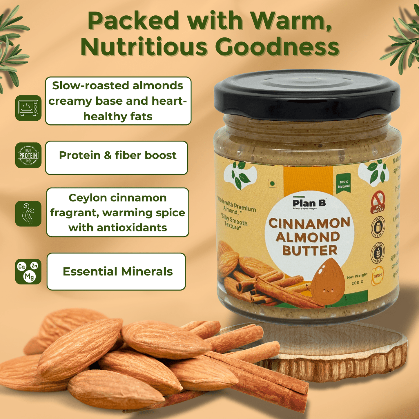Plan B Cinnamon Almond Butter | Creamy, Spiced Vegan Nut Butter | No Added Sugar, Gluten-Free, High Protein | 100% Natural Roasted Almonds with Cinnamon | Dairy-Free Healthy Spread | 200g Jar