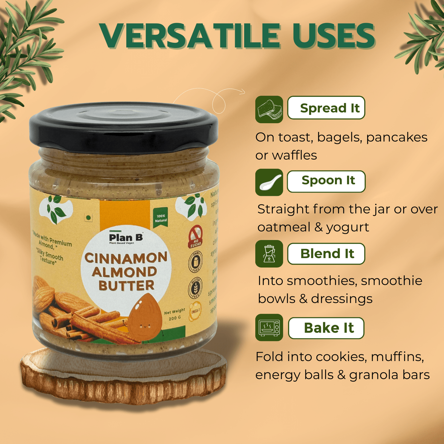 Plan B Cinnamon Almond Butter | Creamy, Spiced Vegan Nut Butter | No Added Sugar, Gluten-Free, High Protein | 100% Natural Roasted Almonds with Cinnamon | Dairy-Free Healthy Spread | 200g Jar