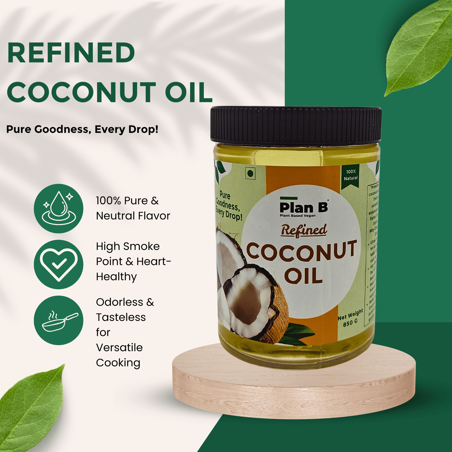 Plan B Refined Coconut Oil 850g – Pure & Premium | Neutral Aroma & Taste | Ideal for Cooking, Frying, Baking, Skin & Hair Care | Non-GMO, High Smoke Point
