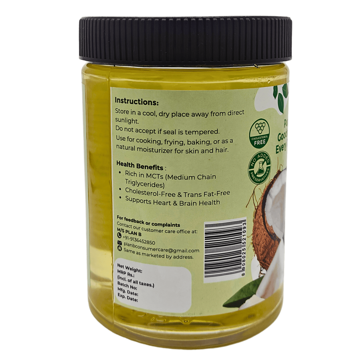 Plan B Refined Coconut Oil 850g – Pure & Premium | Neutral Aroma & Taste | Ideal for Cooking, Frying, Baking, Skin & Hair Care | Non-GMO, High Smoke Point