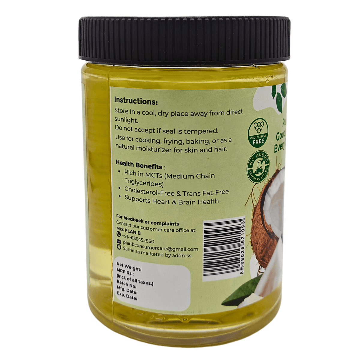 Plan B Refined Coconut Oil 850g – Pure & Premium | Neutral Aroma & Taste | Ideal for Cooking, Frying, Baking, Skin & Hair Care | Non-GMO, High Smoke Point