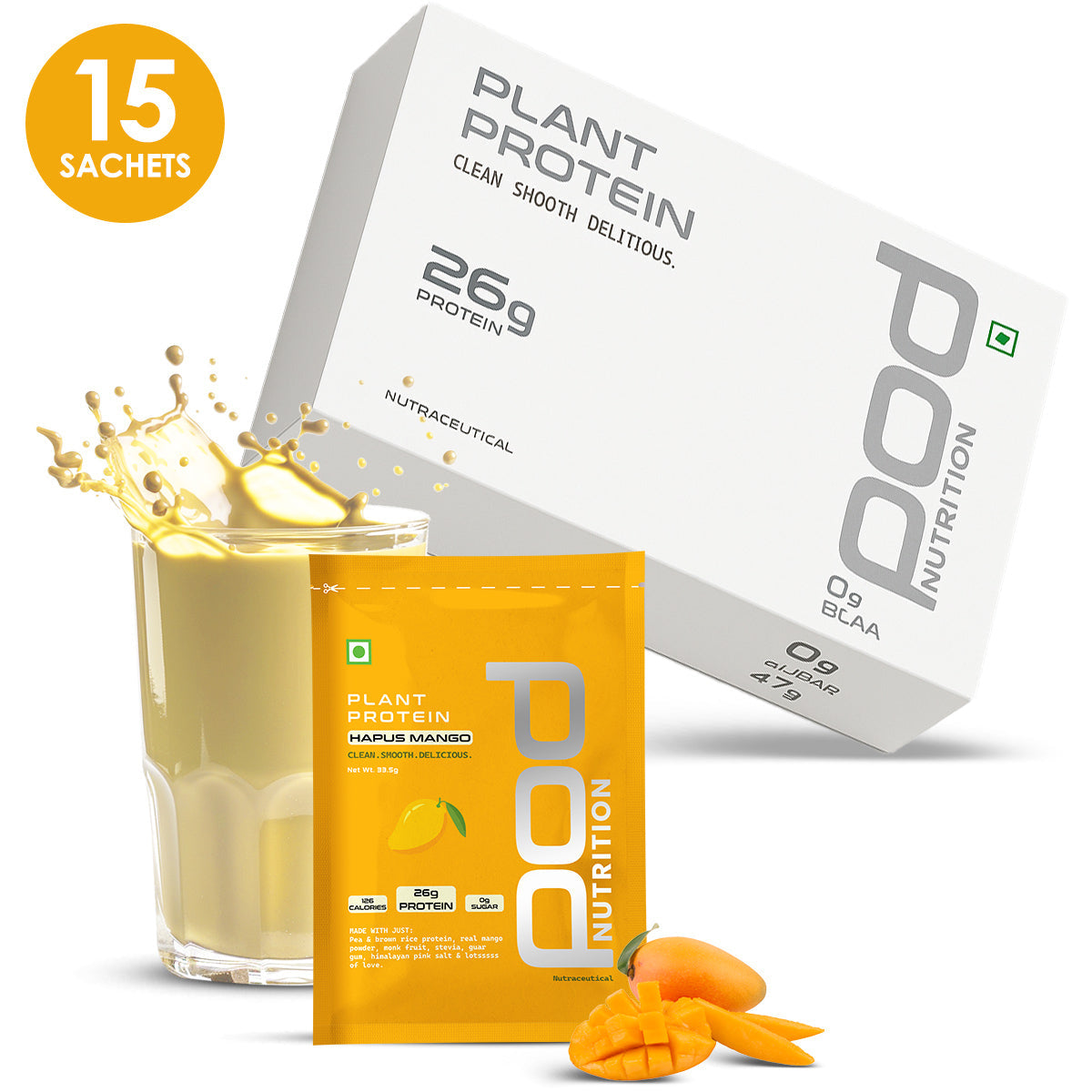 POD NUTRITION Pea Protein Isolate Powder | Vegan Plant Protein, No Added Sugar, Dairy Free| Clean & Easy to Digest with Essential Amino Acids (Hapus Mango Sachet Pack of 15)