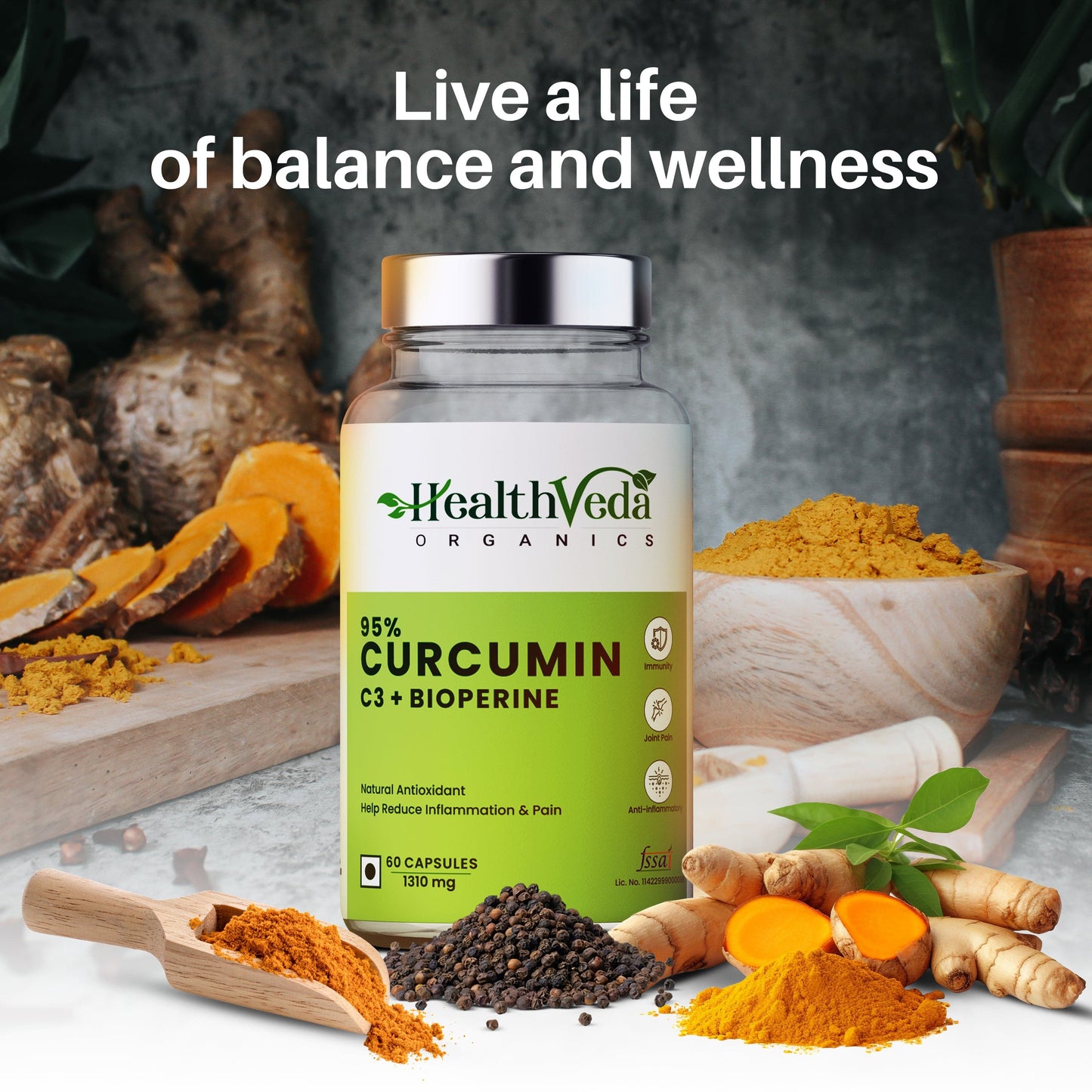 Health Veda Organics Curcumin C3 + Bioperine, 1310 Mg | 60 Veg Capsules | Supports Joint & Muscle Health | Better Absorption | Boost Immunity | For Men & Women
