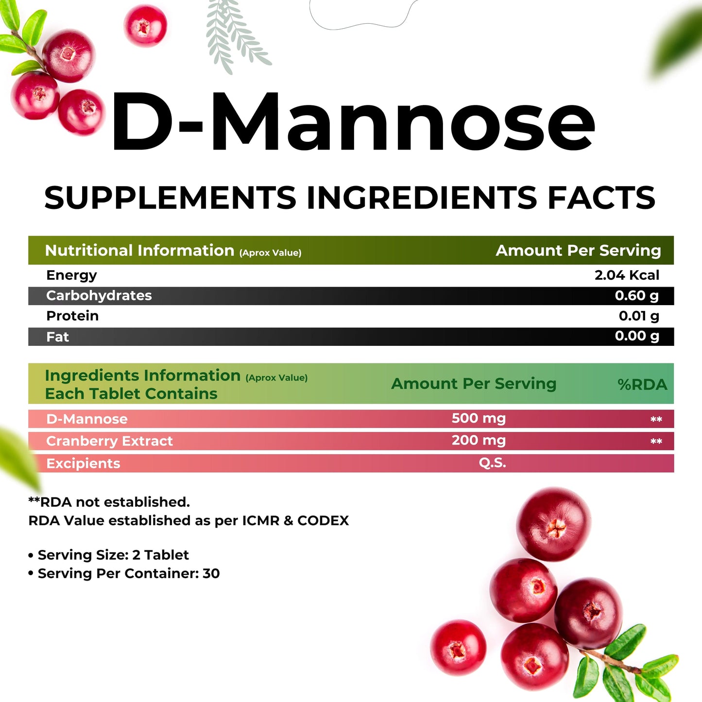 Health Veda Organics D-Mannose 500 mg + Cranberry Extract 200 mg | 60 Veg Tablets I Supports Kidney Health & Urinary Tract Infection