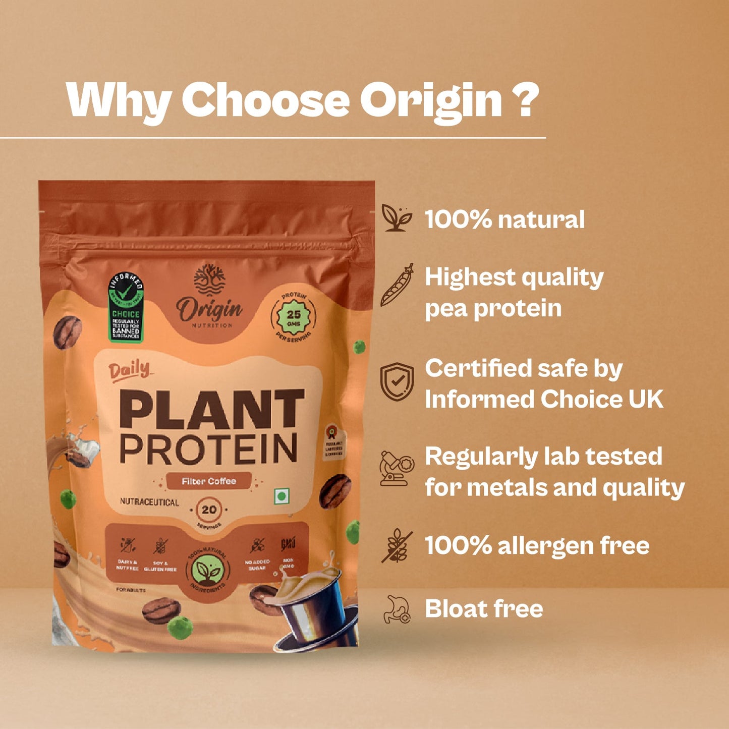 Origin Nutrition Daily Plant Protein Filter Coffee Flavour , 812g