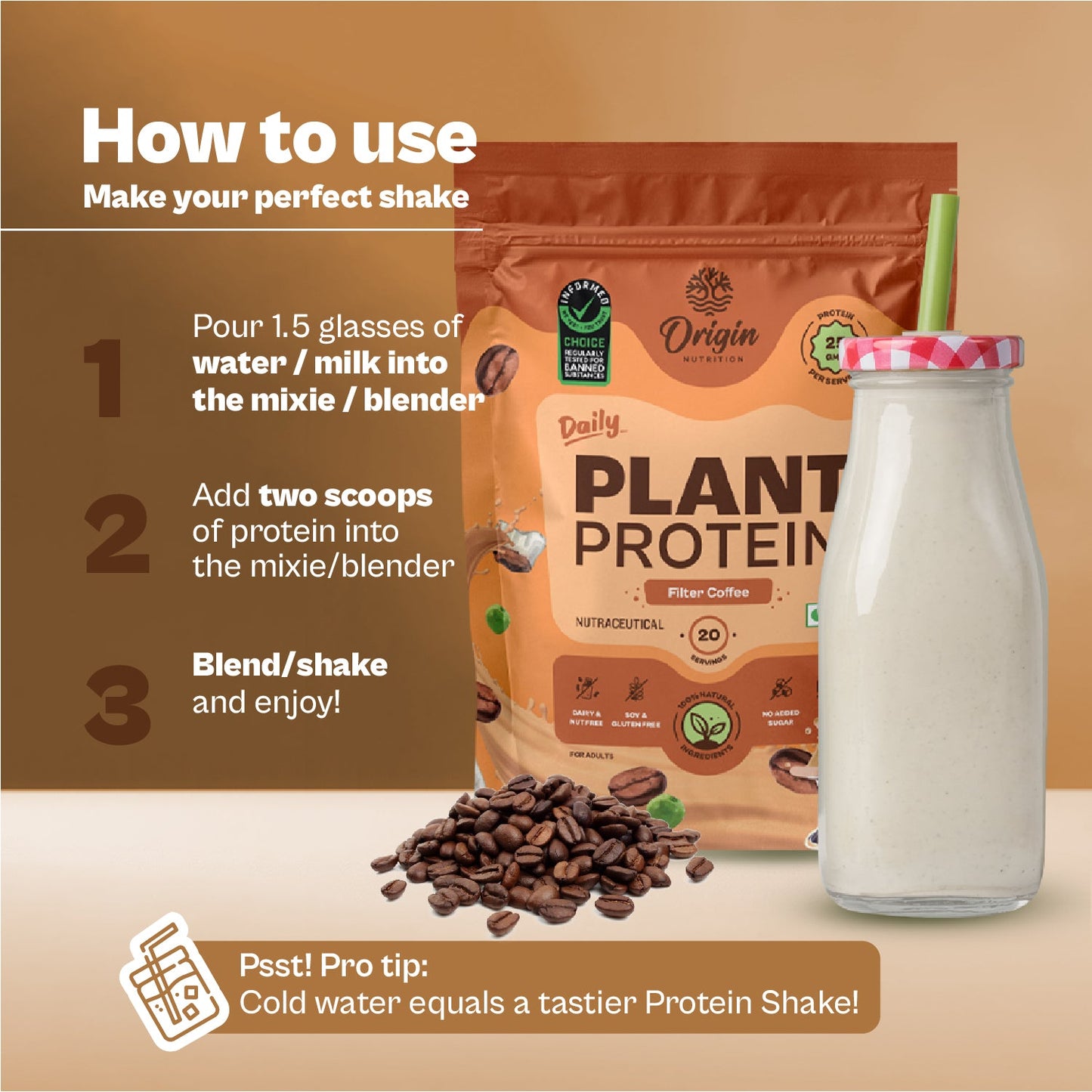 Origin Nutrition Daily Plant Protein Filter Coffee Flavour , 812g