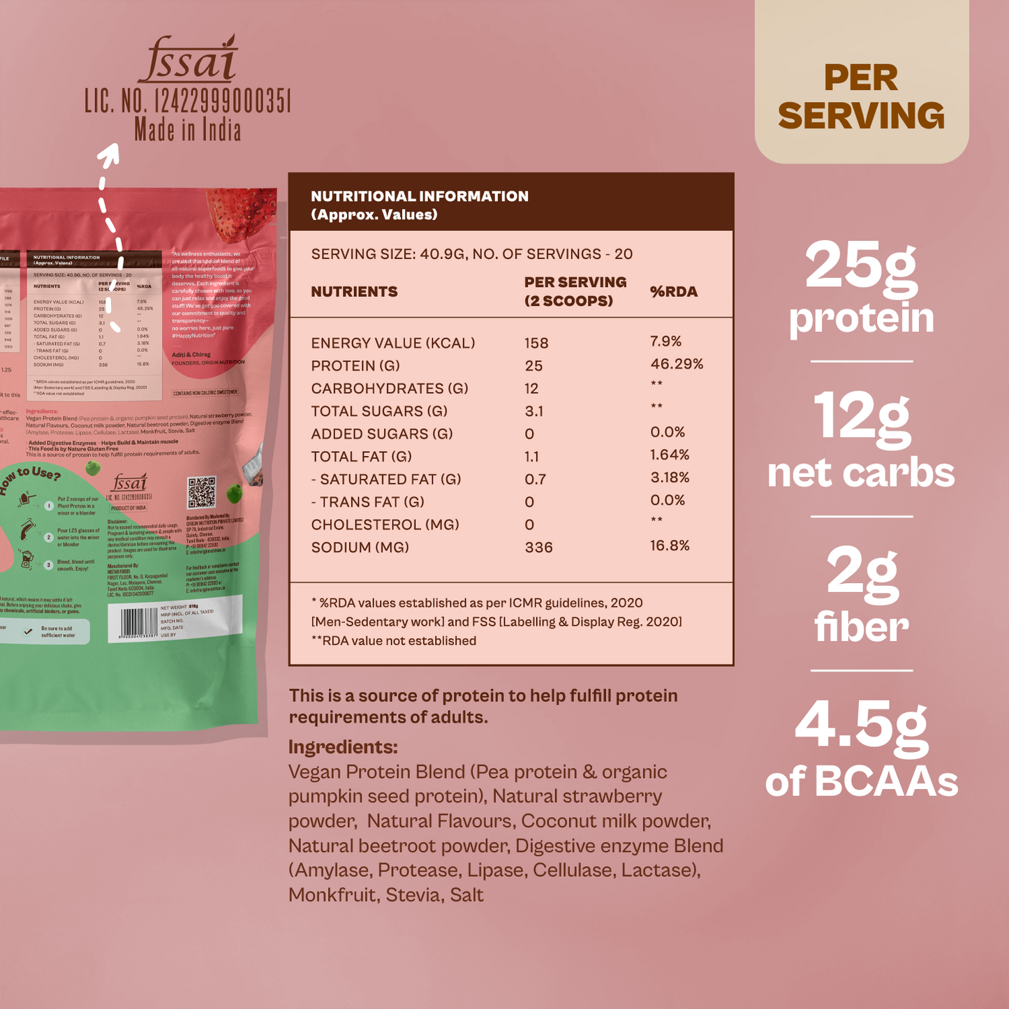 Origin Nutrition Daily Plant Protein Strawberry Flavour , 818g