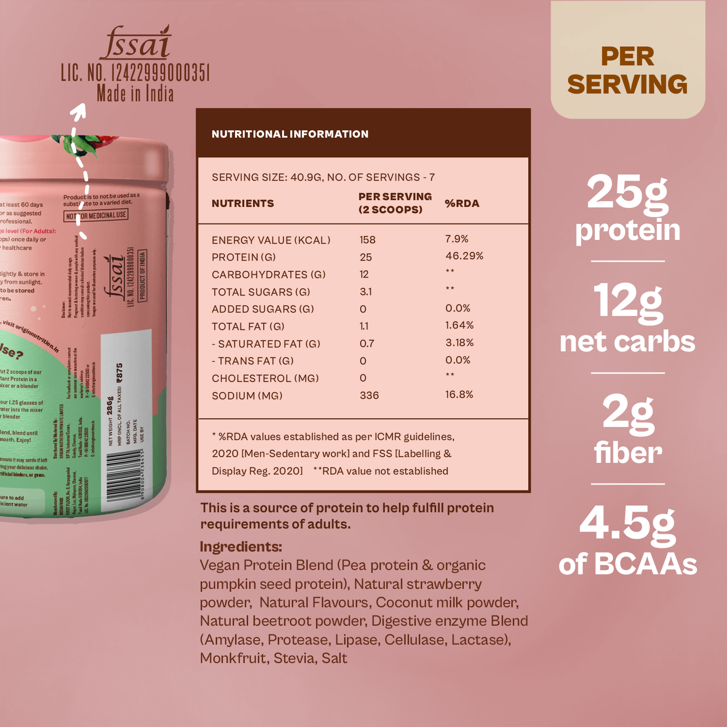 Origin Nutrition Daily Plant Protein Strawberry Flavour , 286g