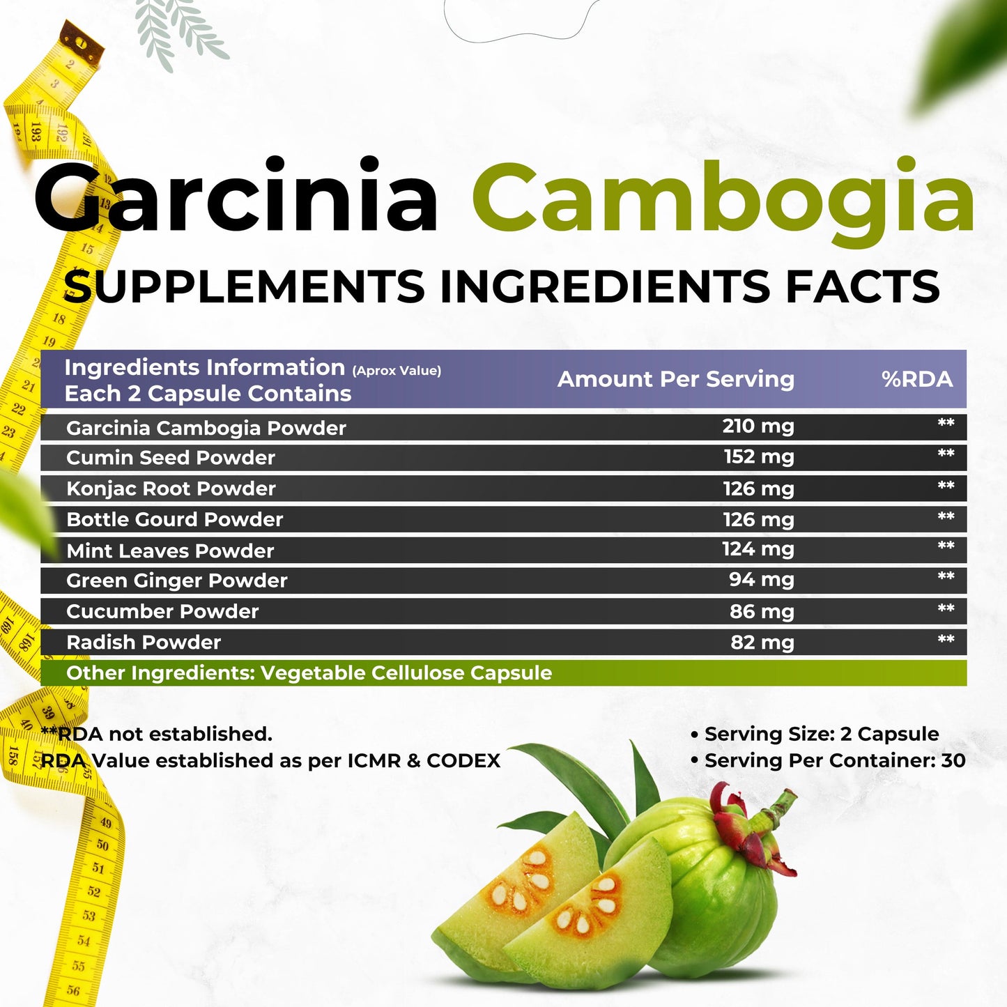Health Veda Organics Plant Based Garcinia Cambogia Supplement 1000 mg | 60 Veg Capsules | Improves Digestion | For Both Men & Women
