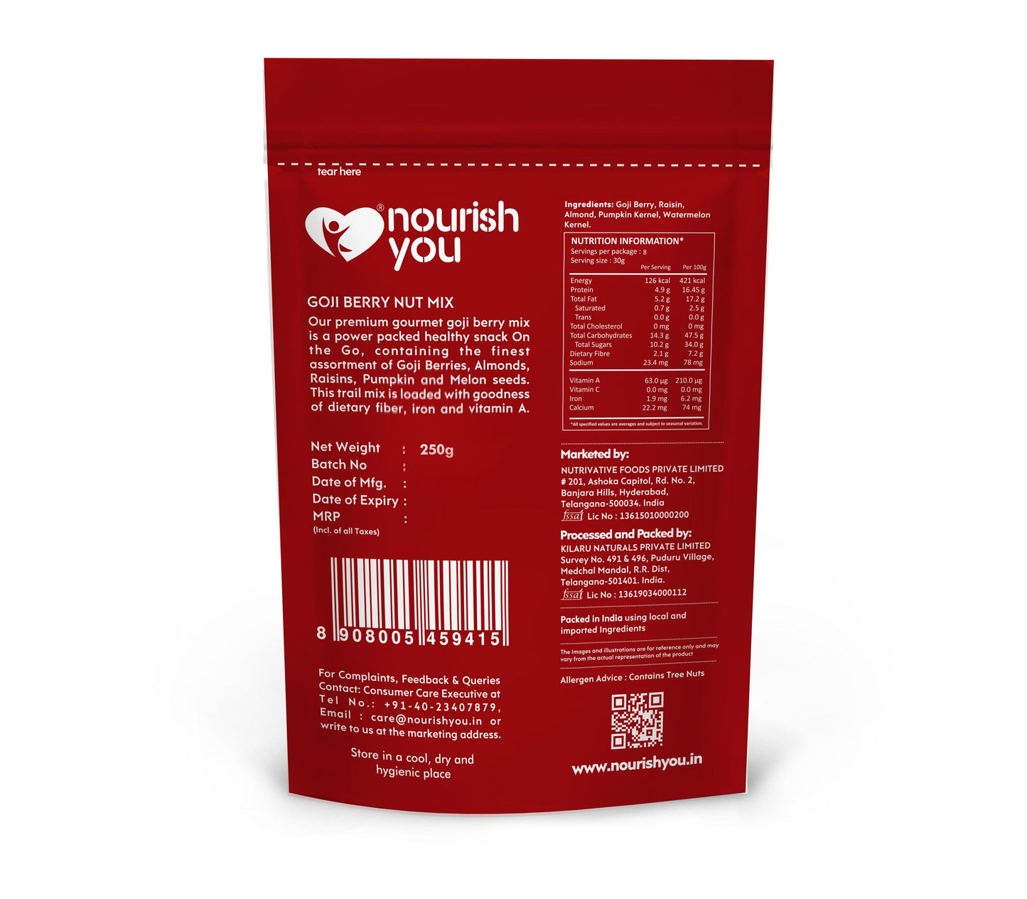 NOURISH YOU GOJIBERRY NUT MIX 250Gms ( Goji berry, Almond, Raisins, pumpkin )