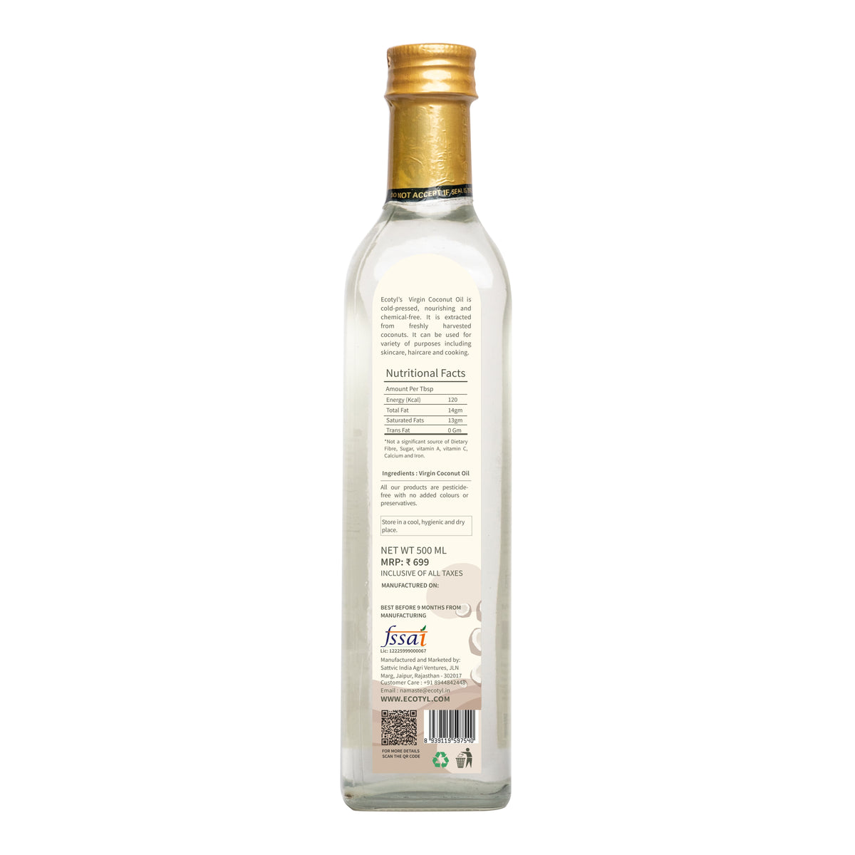 Ecotyl Cold-Pressed Virgin Coconut Oil | Kachi Ghani | Suitable for Cooking | 500ml