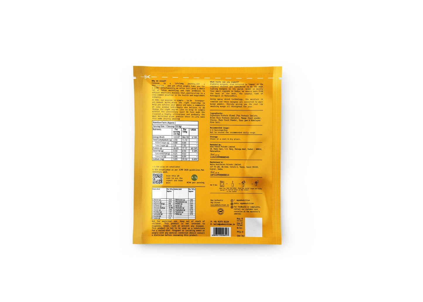 POD NUTRITION Pea Protein Isolate Powder | Vegan Plant Protein, No Added Sugar, Dairy Free| Clean & Easy to Digest with Essential Amino Acids (Hapus Mango Sachet Pack of 28)