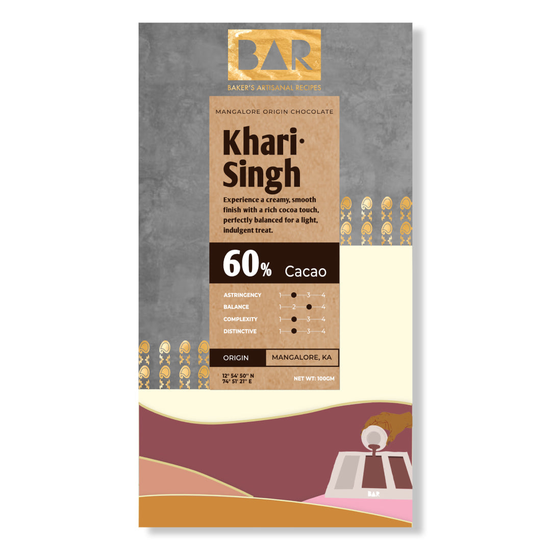 BAR 60% Dark Chocolate | Khari Singh | 100 gm | Bean to Bar | Artisanal Chocolate | Single Origin Mangalore Cocoa | Salted Nuts | Bangalore Only
