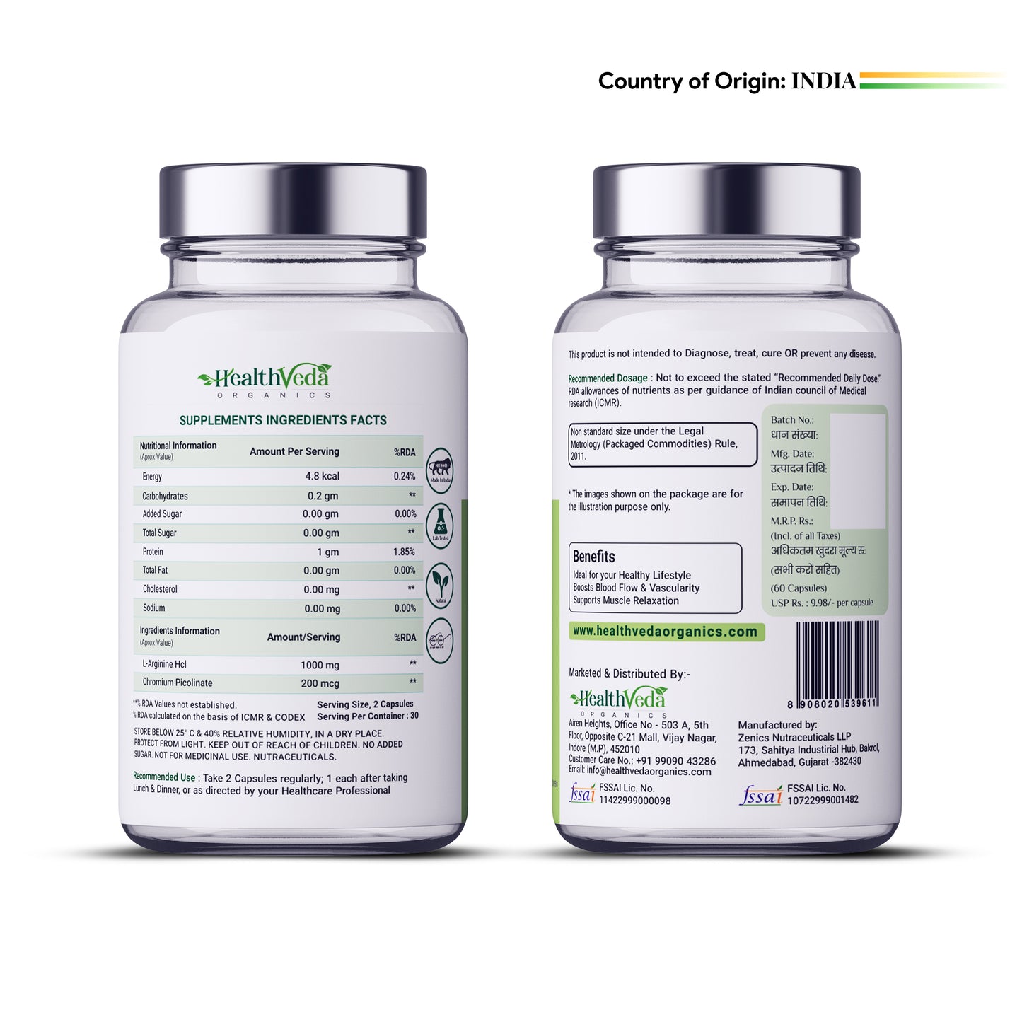 Health Veda Organics L Arginine 1000 mg with Chromium Picolinate | 60 Veg Capsules| Good for Muscle Growth, Stamina, Recovery, Immune Booster & Energy | For Both Men & Women