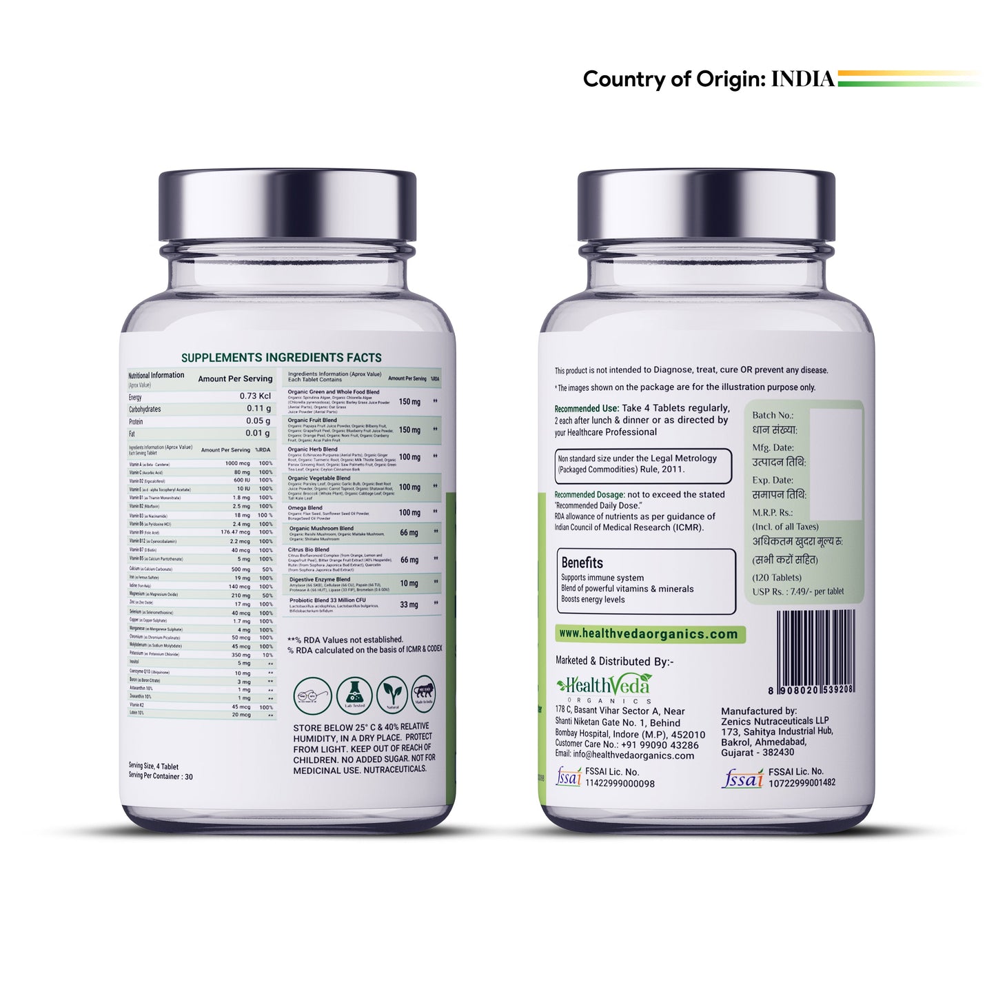 Health Veda Organics Whole Food Multivitamin with Natural Vitamins & Minerals I 120 Veg Tablets I Best for Energy, Brain, Heart & Eye Health I For both Men & Women