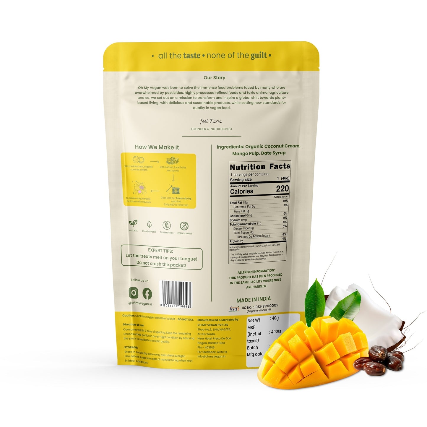 Oh My Vegan Mango Coco Melts Combo Pack Of 2 – Healthy Plant Based Freeze-Dried Treats - 40 Grams x 2