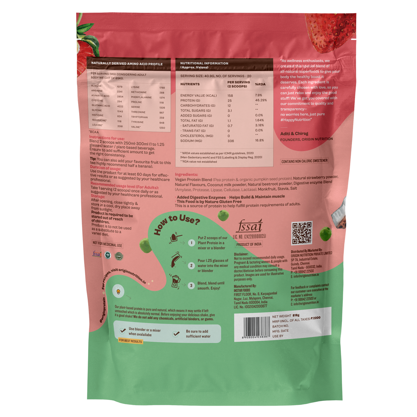 Origin Nutrition Daily Plant Protein Strawberry Flavour , 818g