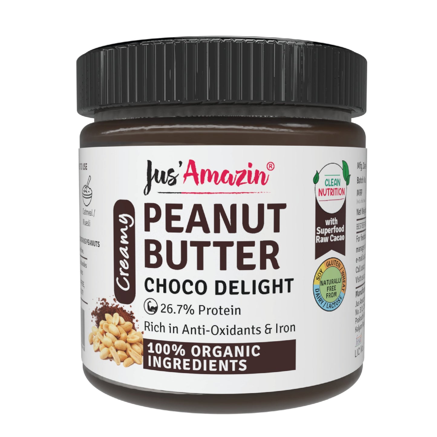 Jus Amazin Creamy Organic Peanut Butter – Choco Delight (200g) | 26.7% Protein | Clean Nutrition | 82% Organic Peanuts | Superfood Raw Cacao | No Refined Sugar | Zero Chemicals | plant based & Dairy-Free | 100% Organic