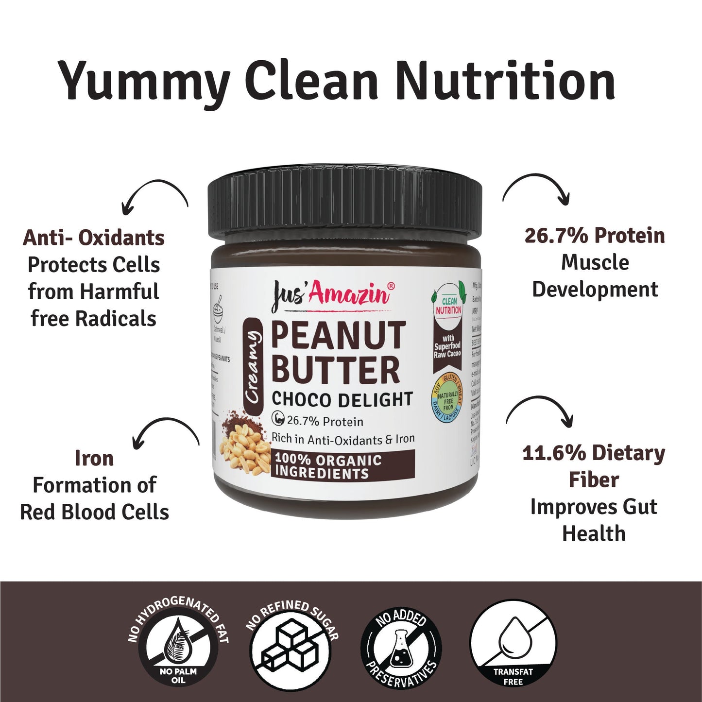 Jus Amazin Creamy Organic Peanut Butter – Choco Delight (200g) | 26.7% Protein | Clean Nutrition | 82% Organic Peanuts | Superfood Raw Cacao | No Refined Sugar | Zero Chemicals | plant based & Dairy-Free | 100% Organic