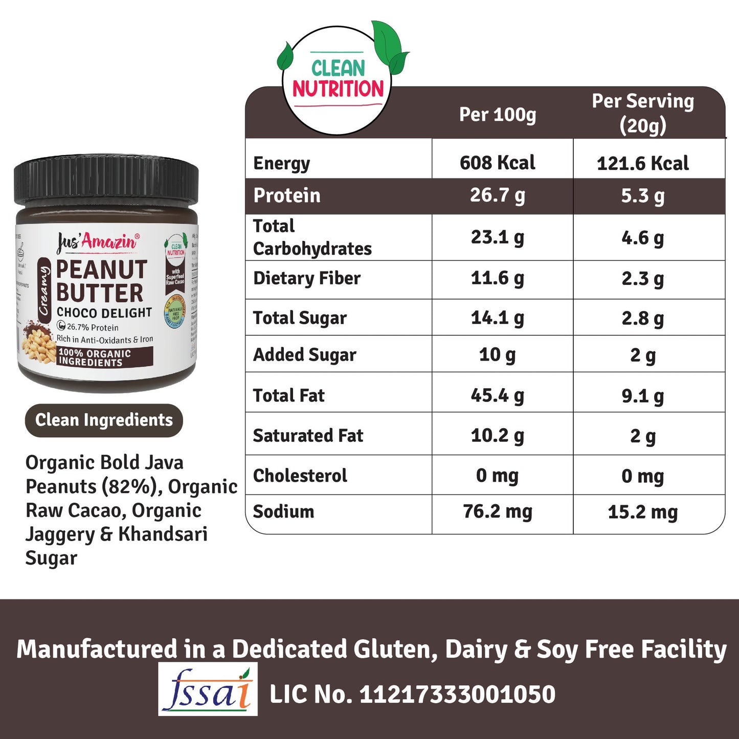 Jus Amazin Creamy Organic Peanut Butter – Choco Delight (200g) | 26.7% Protein | Clean Nutrition | 82% Organic Peanuts | Superfood Raw Cacao | No Refined Sugar | Zero Chemicals | plant based & Dairy-Free | 100% Organic