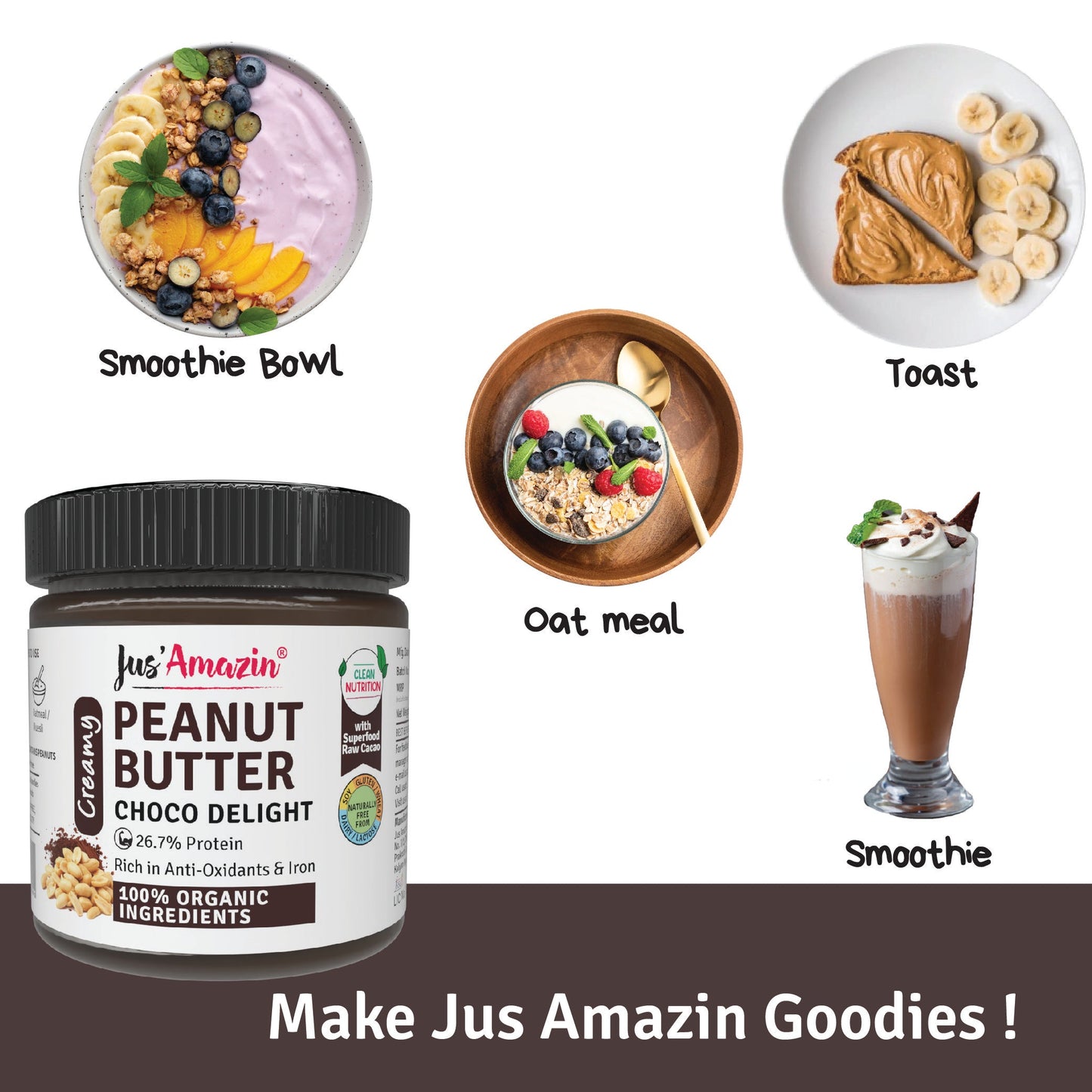 Jus Amazin Creamy Organic Peanut Butter – Choco Delight (200g) | 26.7% Protein | Clean Nutrition | 82% Organic Peanuts | Superfood Raw Cacao | No Refined Sugar | Zero Chemicals | plant based & Dairy-Free | 100% Organic