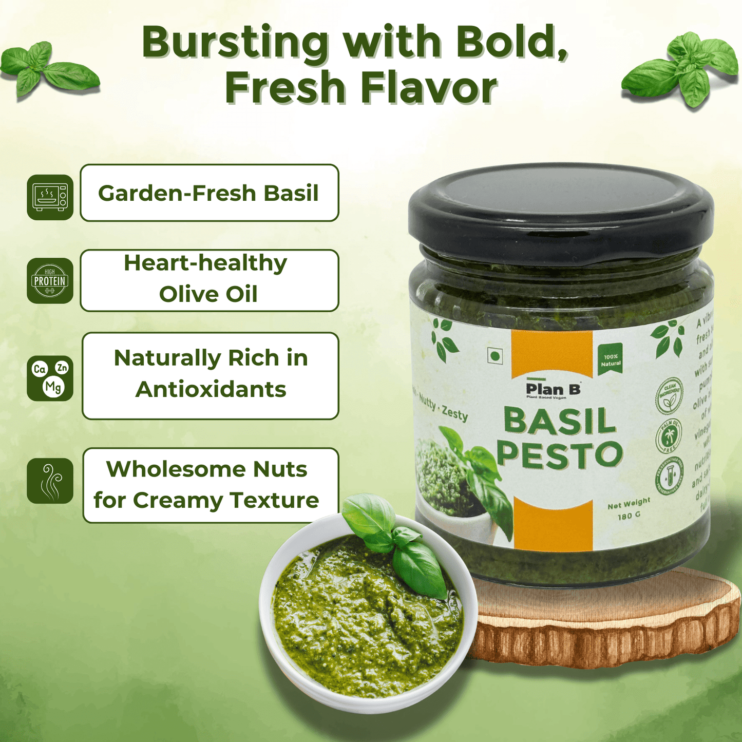 Plan B Vegan Basil Pesto Sauce | Dairy-Free, No Preservatives | Made with Basil, Olive Oil & Pumpkin Seeds | Plant-Based, Gluten-Free | 180g Jar