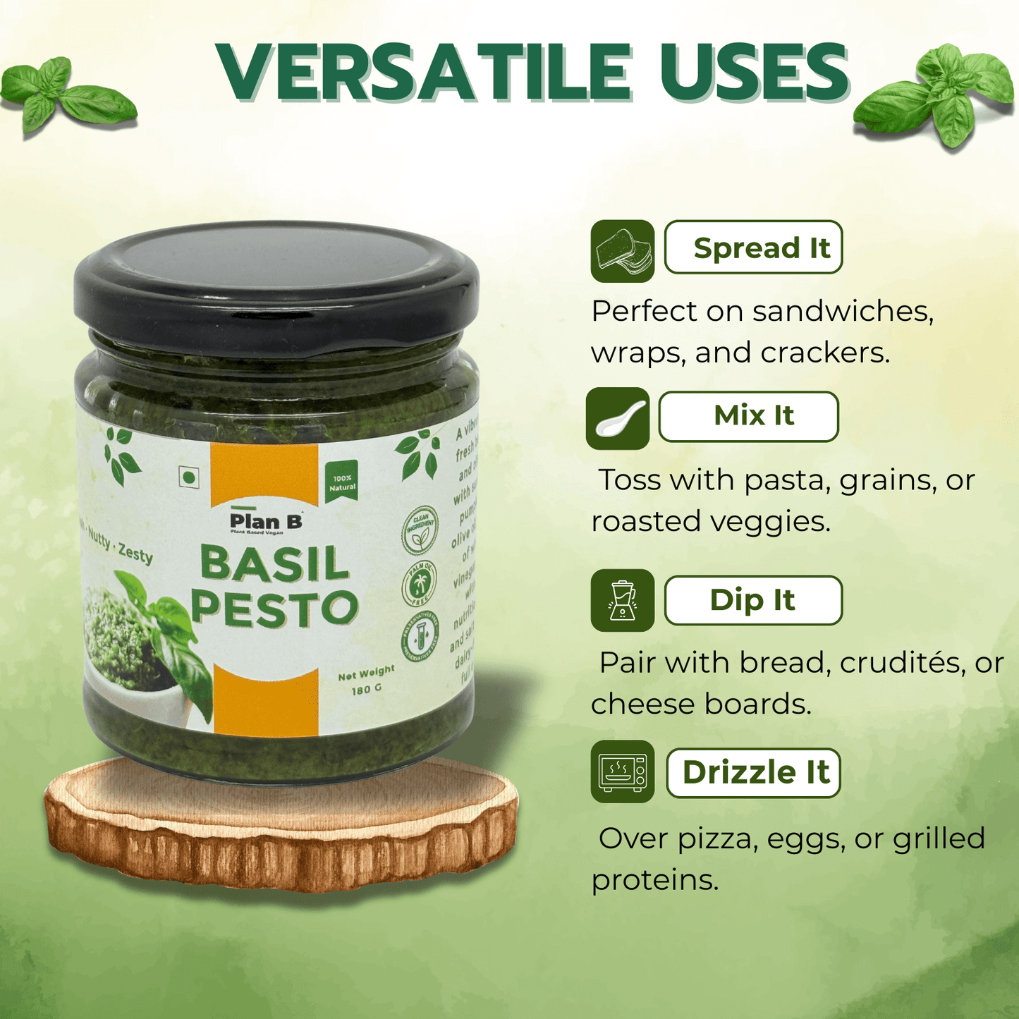 Plan B Vegan Basil Pesto Sauce | Dairy-Free, No Preservatives | Made with Basil, Olive Oil & Pumpkin Seeds | Plant-Based, Gluten-Free | 180g Jar