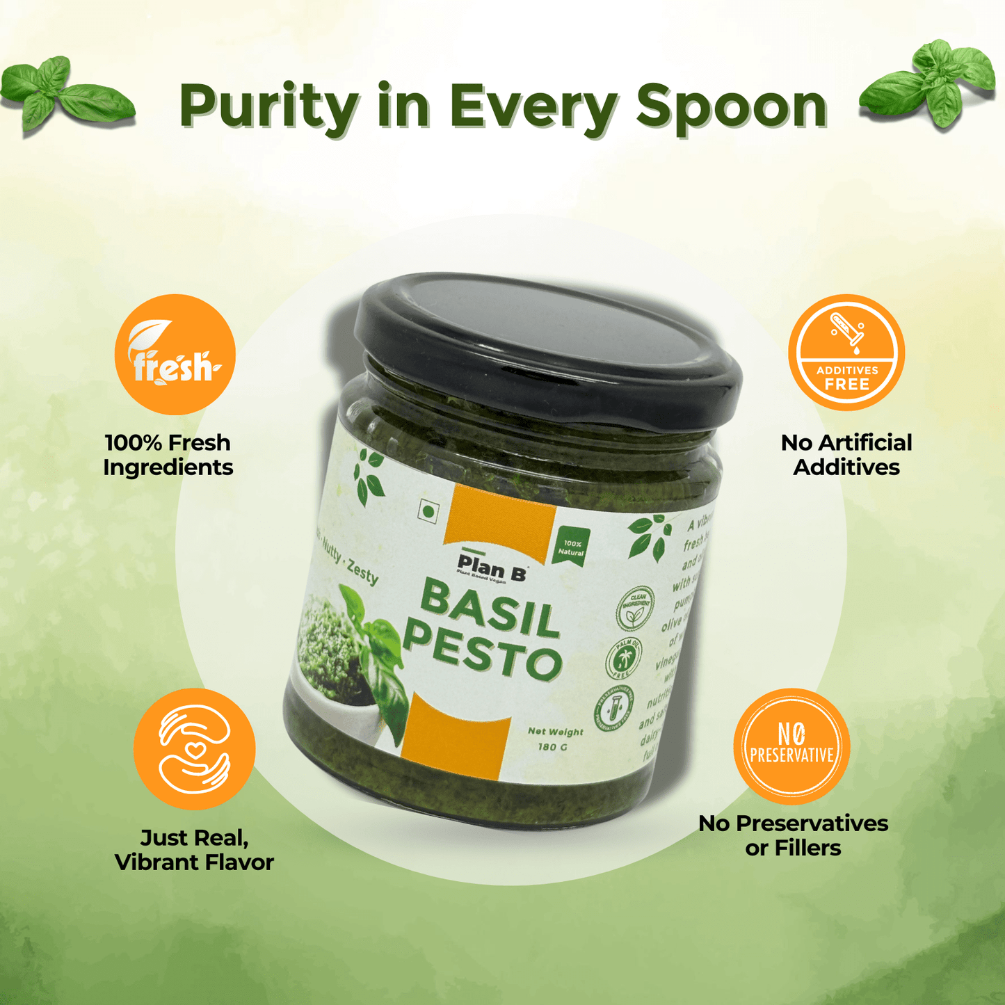 Plan B Vegan Basil Pesto Sauce | Dairy-Free, No Preservatives | Made with Basil, Olive Oil & Pumpkin Seeds | Plant-Based, Gluten-Free | 180g Jar
