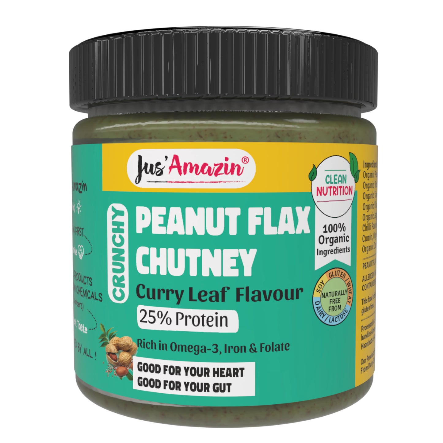 Jus Amazin Crunchy Organic Peanut Flax Chutney - Curry Leaf Flavor (200g)